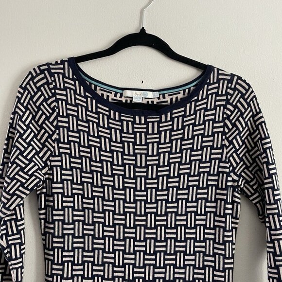 Boden Women 6R Navy Blue/Ivory Criss-Cross Pattern 3/4 Sleeve Knit Sheath Dress - Picture 4 of 9